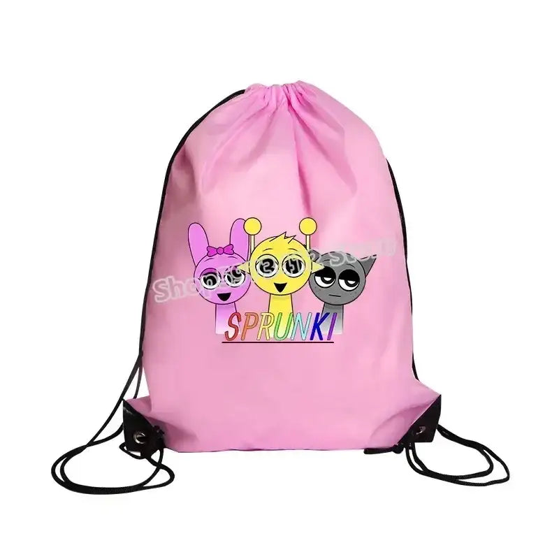 Pink drawstring backpack with cartoon characters.