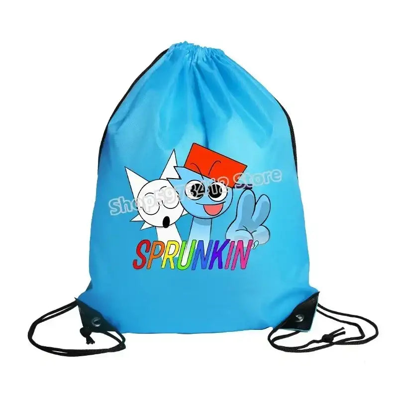 Blue drawstring backpack with cartoon characters.