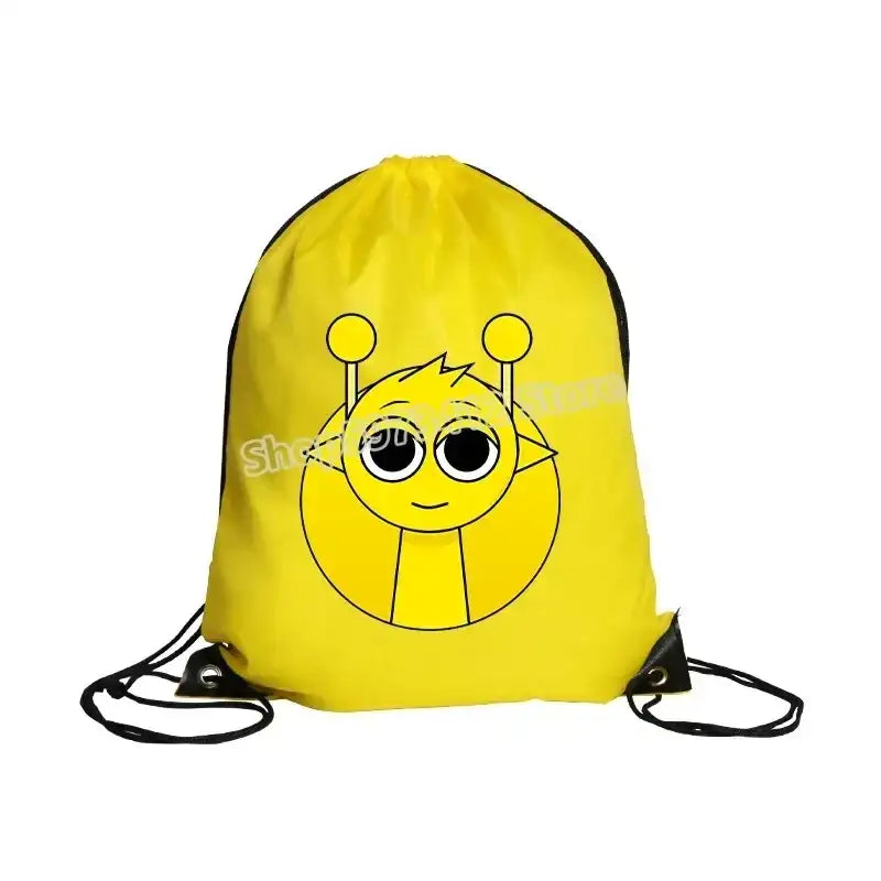Yellow drawstring backpack with cartoon face.