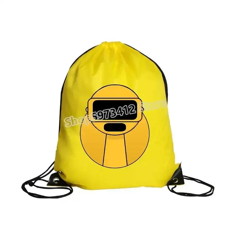 Yellow drawstring backpack with cartoon face.