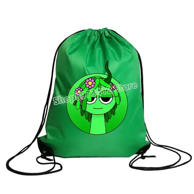 Green drawstring backpack with cartoon character.
