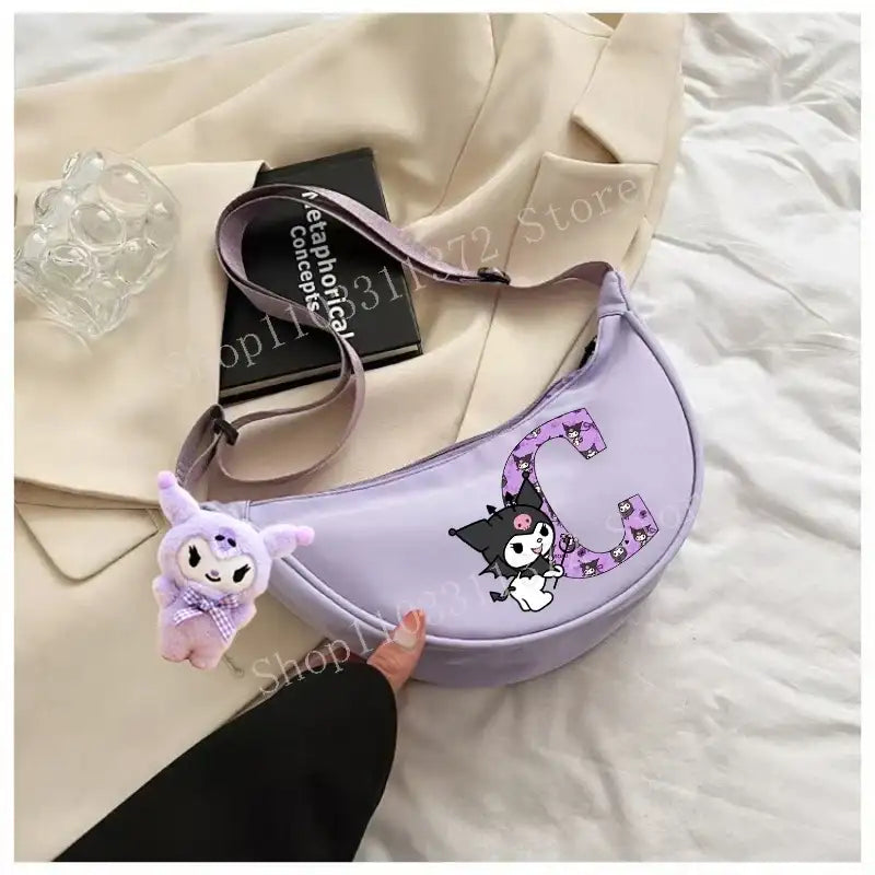 Lavender cartoon character shoulder bag.