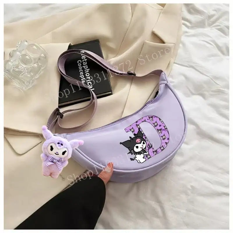 Lavender crescent-shaped purse with Kuromi character.