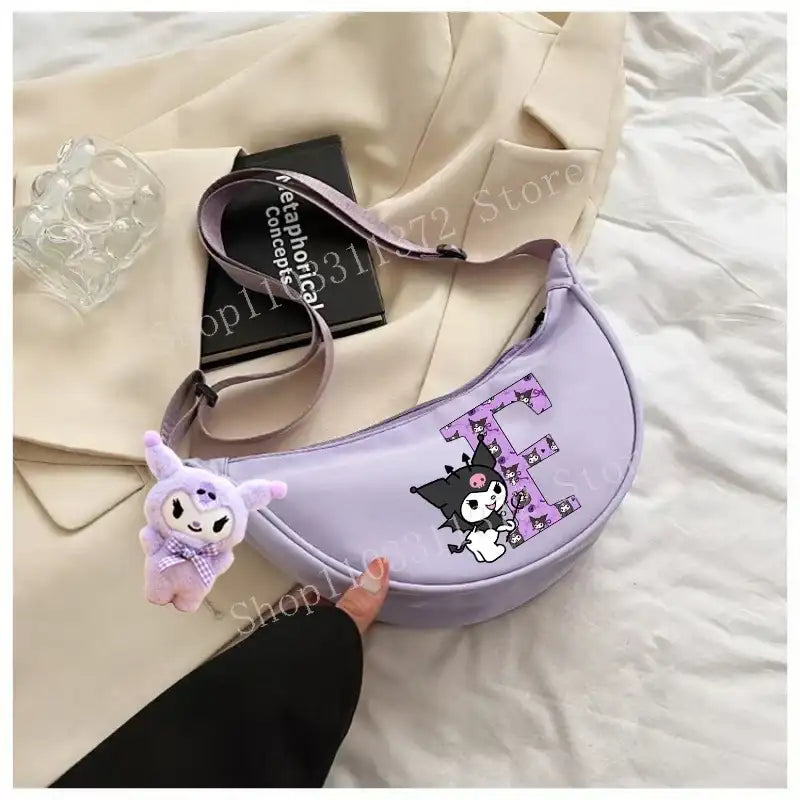 Lavender cartoon shoulder bag.