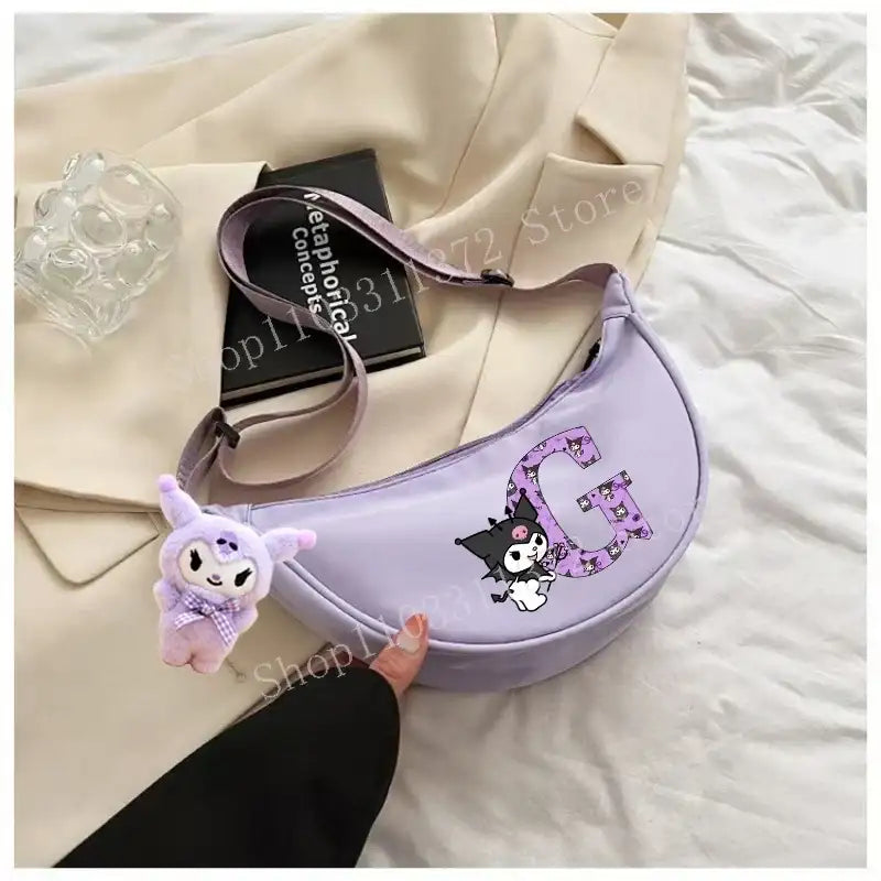 Lavender crescent bag with Kuromi and letter G.