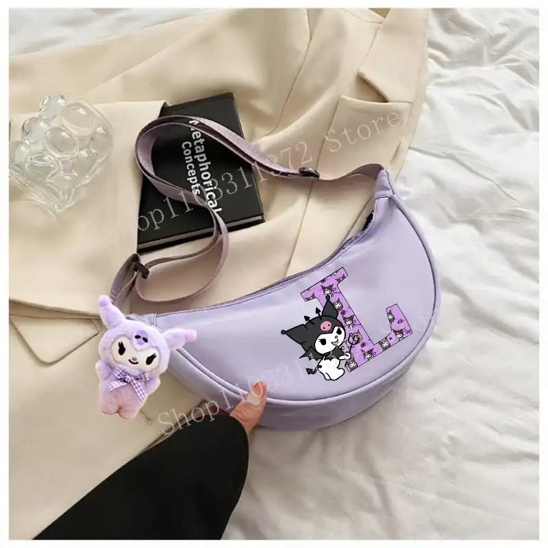 Lavender crescent-shaped purse with Kuromi character.