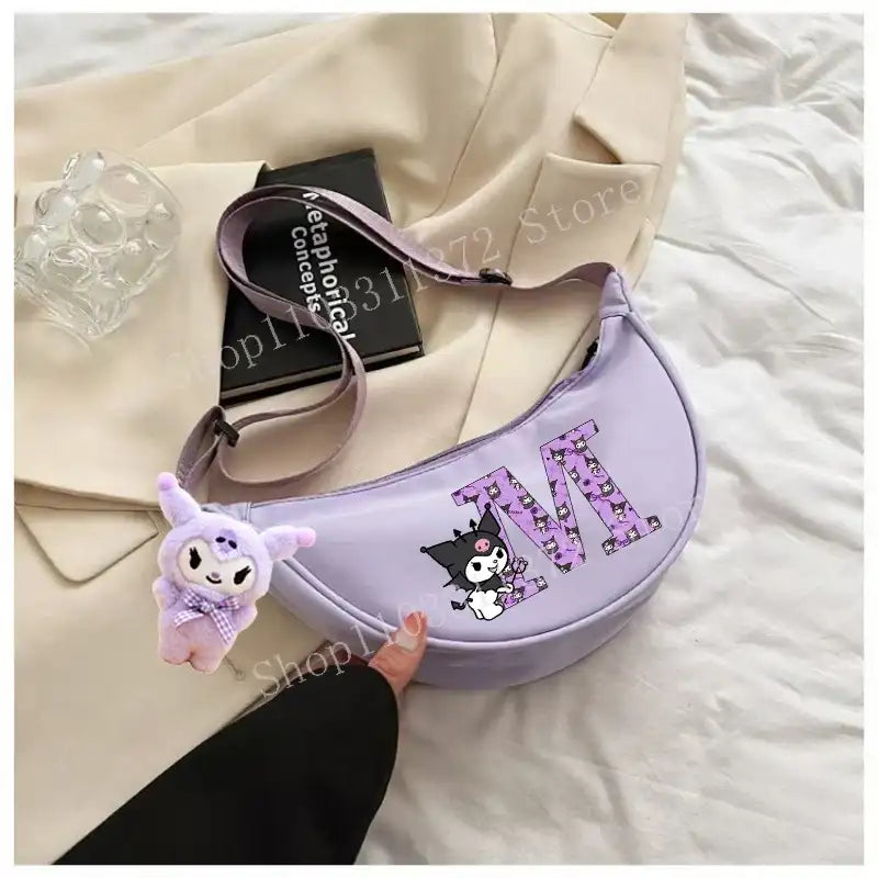 Lavender shoulder bag with cartoon character.