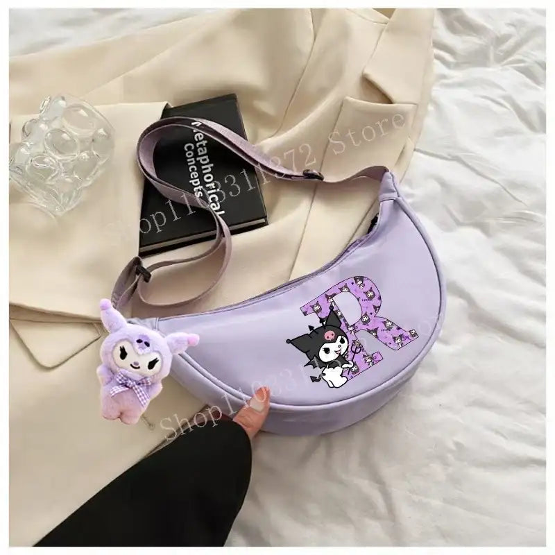 Lavender crescent bag with Kuromi and letter R.