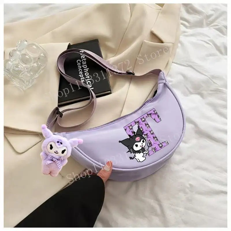 Lavender cartoon-themed shoulder bag.
