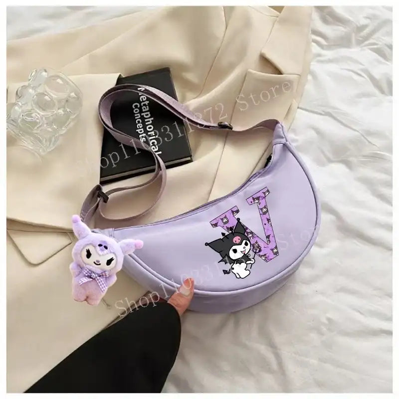 Lavender crescent-shaped purse with cartoon character.