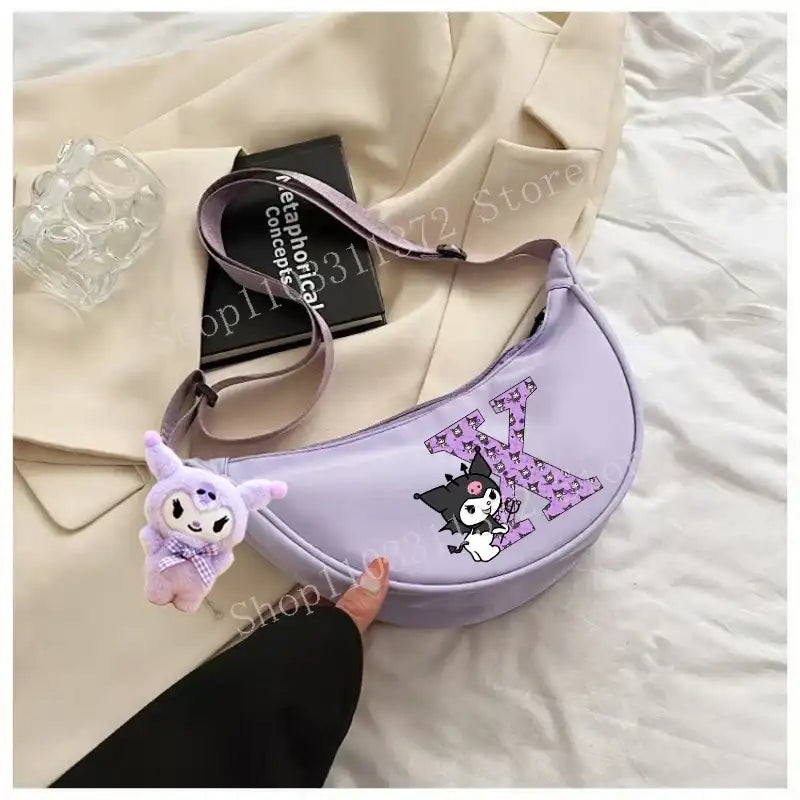 Lavender cartoon-themed shoulder bag.