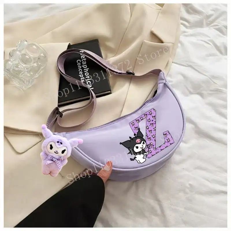 Lavender crescent-shaped purse with Kuromi character.