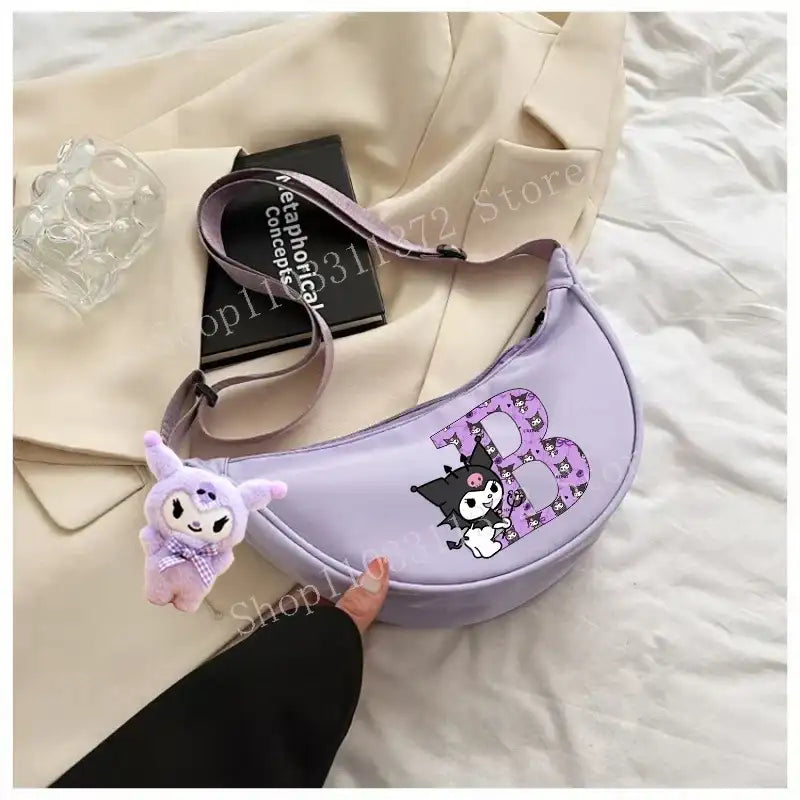 Lavender cartoon character shoulder bag.