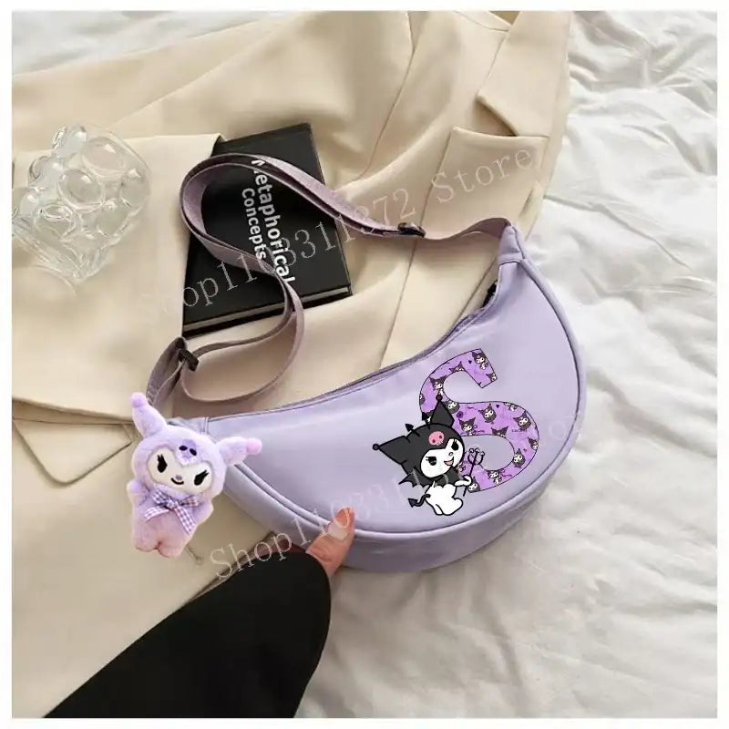 Lavender cartoon-themed shoulder bag.