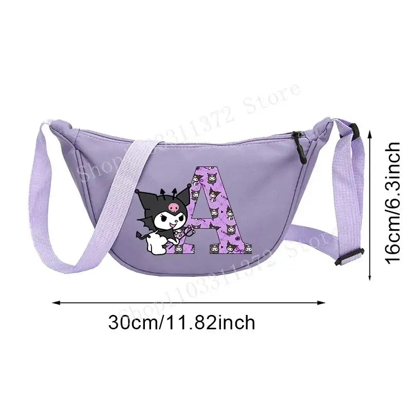 Lavender crossbody bag with cartoon character and letter A.