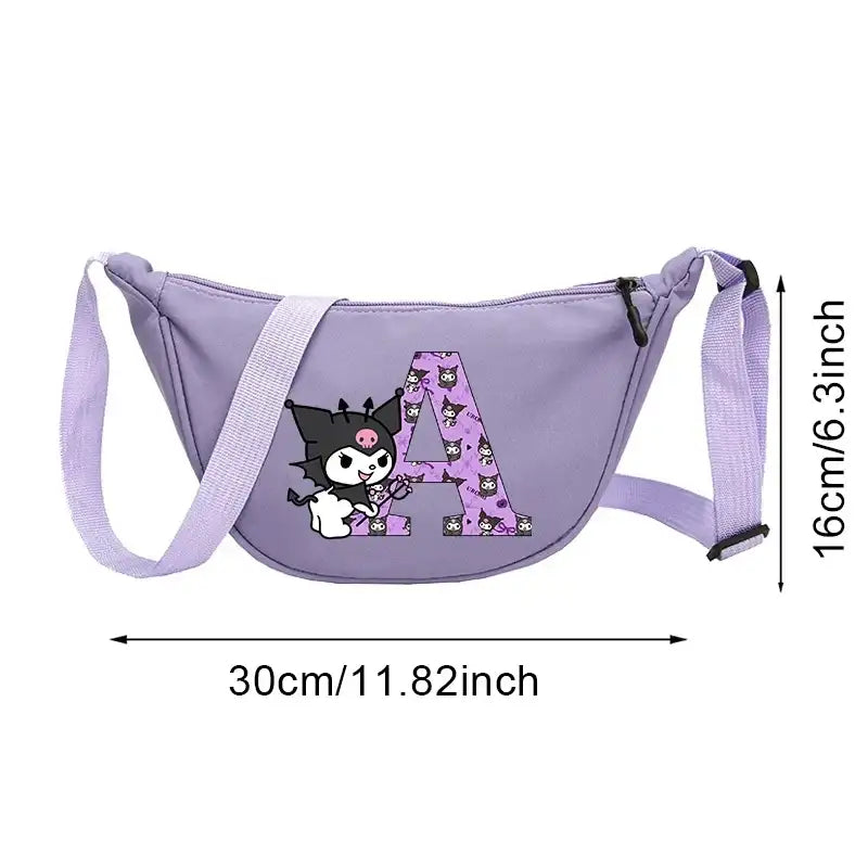 Lavender crossbody bag with cartoon character and letter.