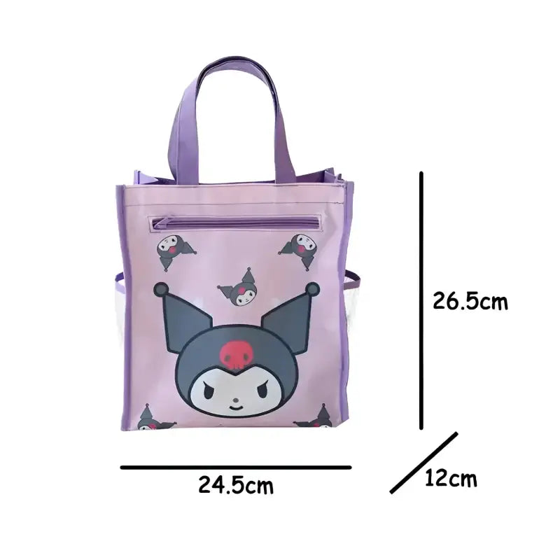 Purple cartoon character tote bag.