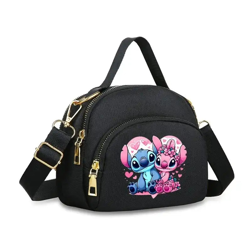Black handbag with cartoon characters.