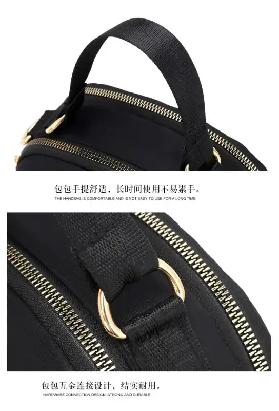 Black handbag with gold hardware.