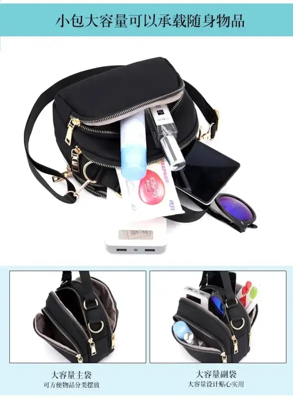 Black crossbody bag with multiple compartments.
