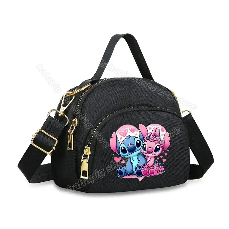 Black crossbody bag with Stitch and Angel design.
