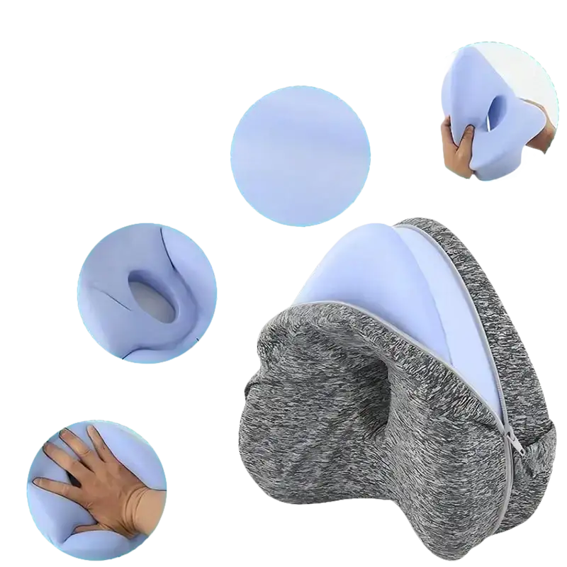 Gray and blue ergoleg relief pillow for leg support and sciatic pain relief
