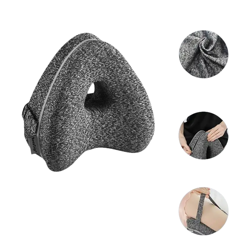 Gray Knee Up for a Laugh Ergoleg Relief Pillow with dimensions and leg support features
