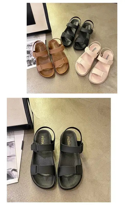 2025 Summer New Women’s Sandals Flat Bottom Korean Edition Fashion Outerwear Casual Beach Strap Velcro Sandals Women’s