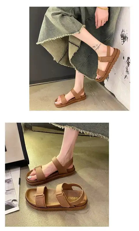 2025 Summer New Women’s Sandals Flat Bottom Korean Edition Fashion Outerwear Casual Beach Strap Velcro Sandals Women’s