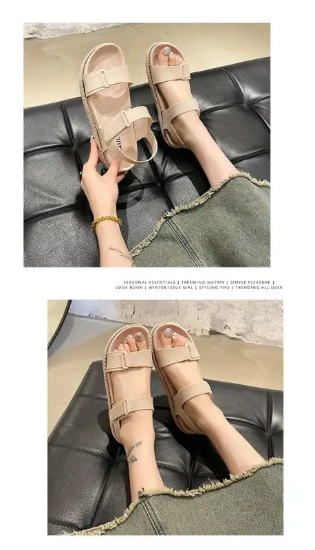 2025 Summer New Women’s Sandals Flat Bottom Korean Edition Fashion Outerwear Casual Beach Strap Velcro Sandals Women’s
