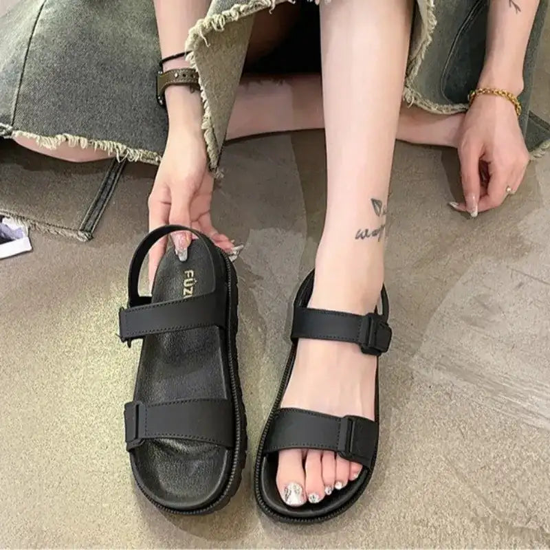 2025 Summer New Women’s Sandals Flat Bottom Korean Edition Fashion Outerwear Casual Beach Strap Velcro Sandals Women’s