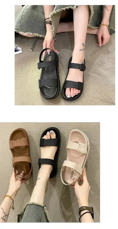 2025 Summer New Women’s Sandals Flat Bottom Korean Edition Fashion Outerwear Casual Beach Strap Velcro Sandals Women’s
