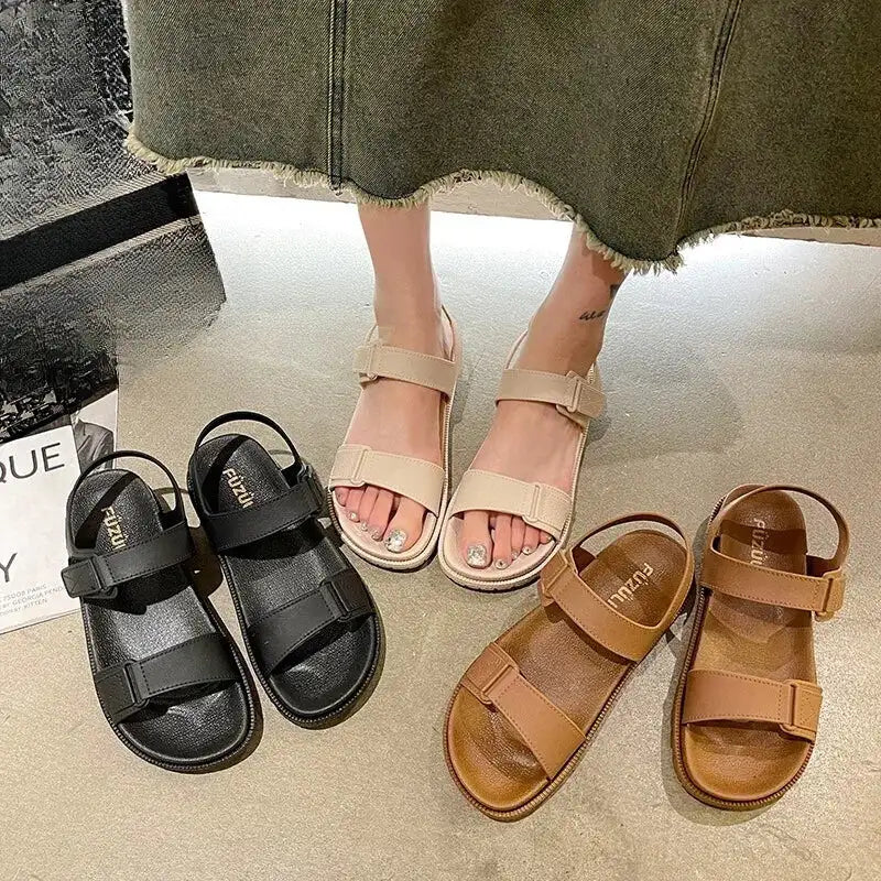 2025 Summer New Women’s Sandals Flat Bottom Korean Edition Fashion Outerwear Casual Beach Strap Velcro Sandals Women’s