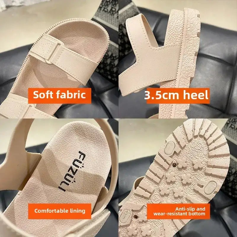 2025 Summer New Women’s Sandals Flat Bottom Korean Edition Fashion Outerwear Casual Beach Strap Velcro Sandals Women’s