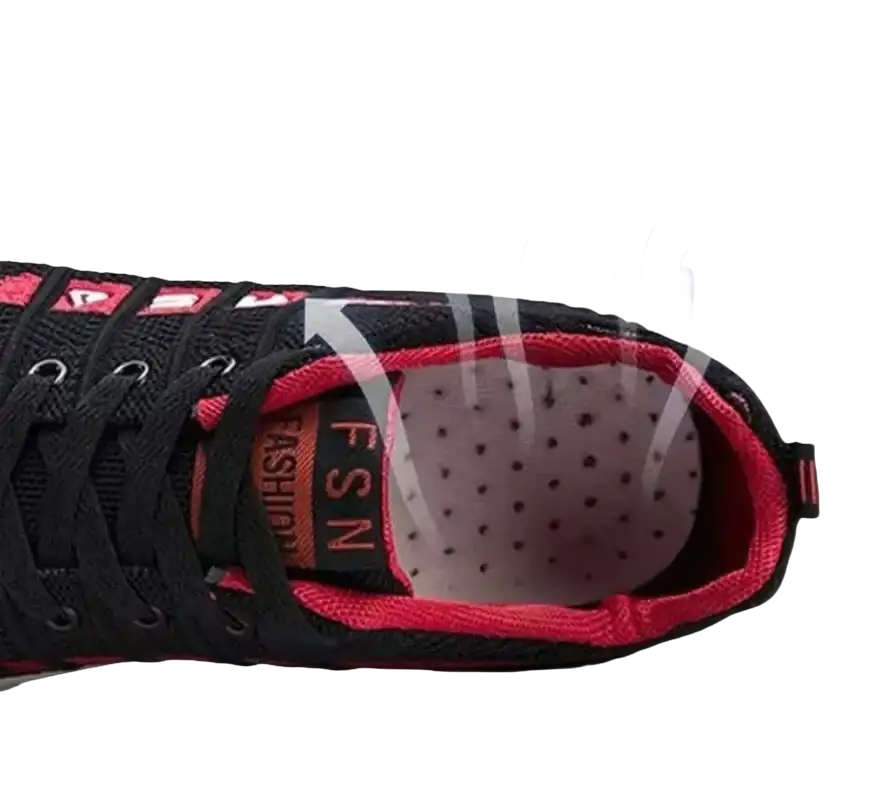 Black and red sneaker with breathable lining.