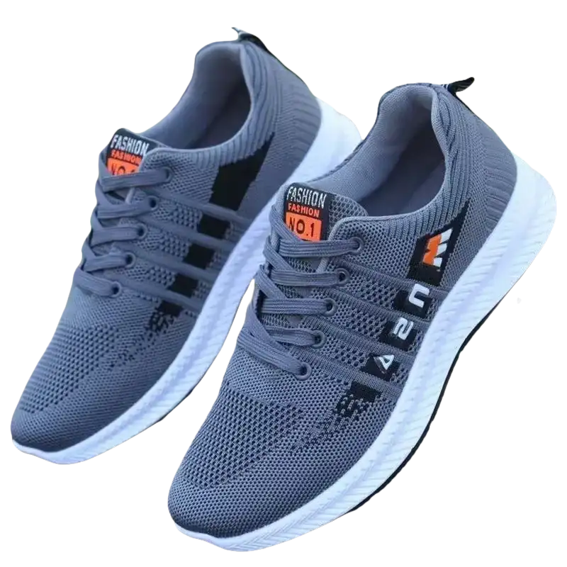 Gray knit running shoes.