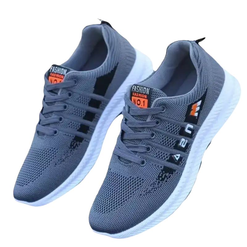 Gray knit running shoes with white soles.