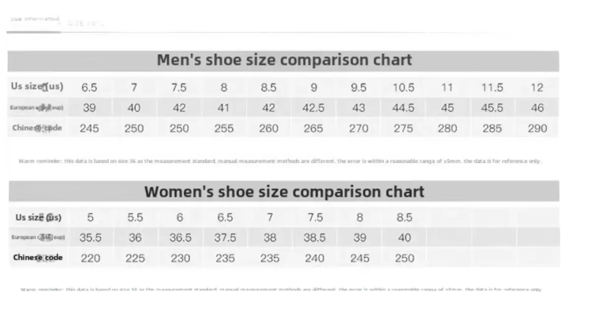 Men’s and women’s shoe size comparison chart.