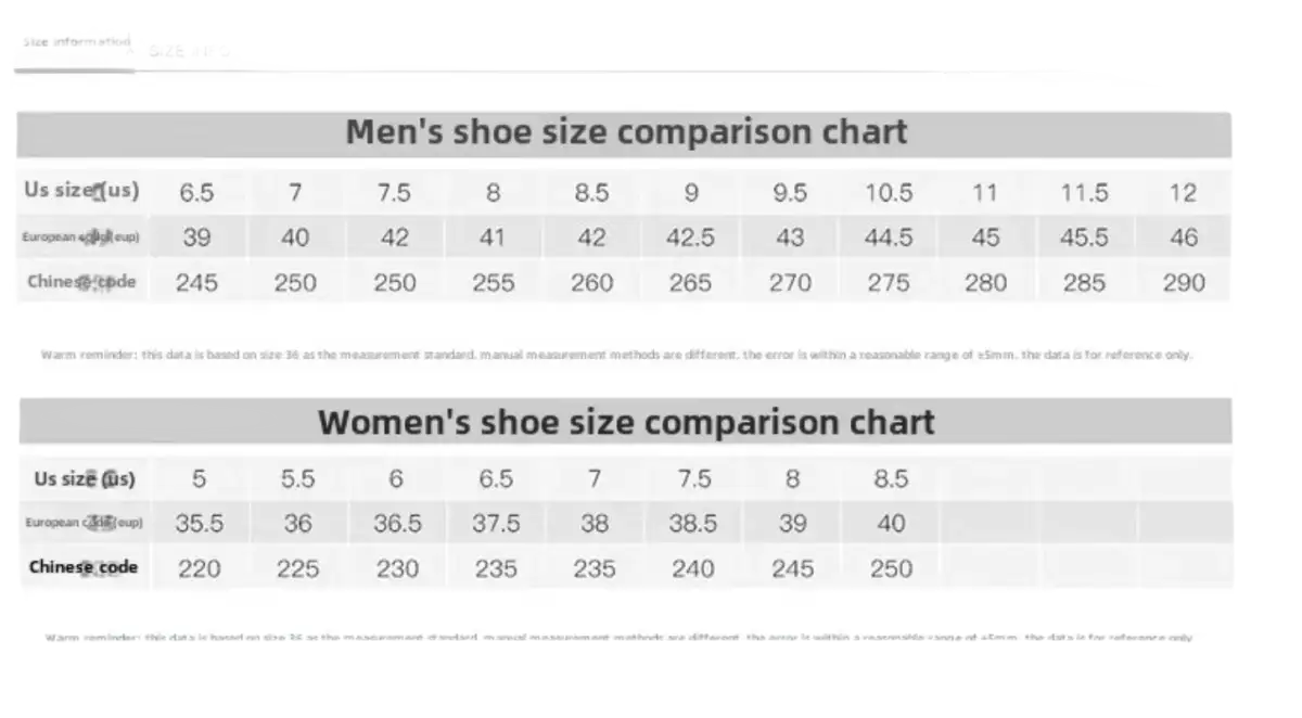 Shoe size comparison chart.