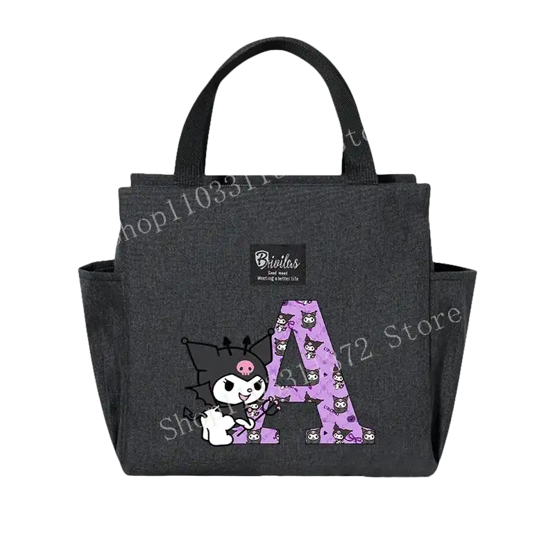Black lunch bag with Kuromi and letter A.