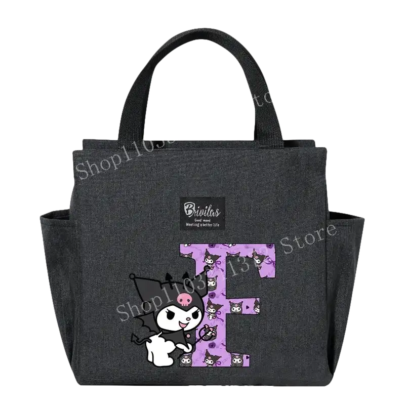 Gray lunch bag with cartoon character.
