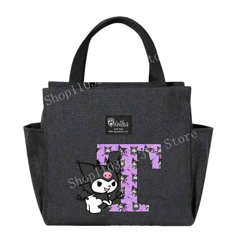 Gray lunch bag with cartoon character.