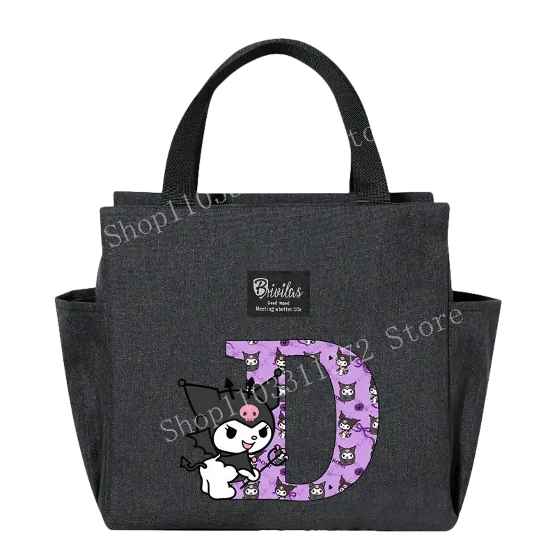 Gray lunch bag with cartoon character.