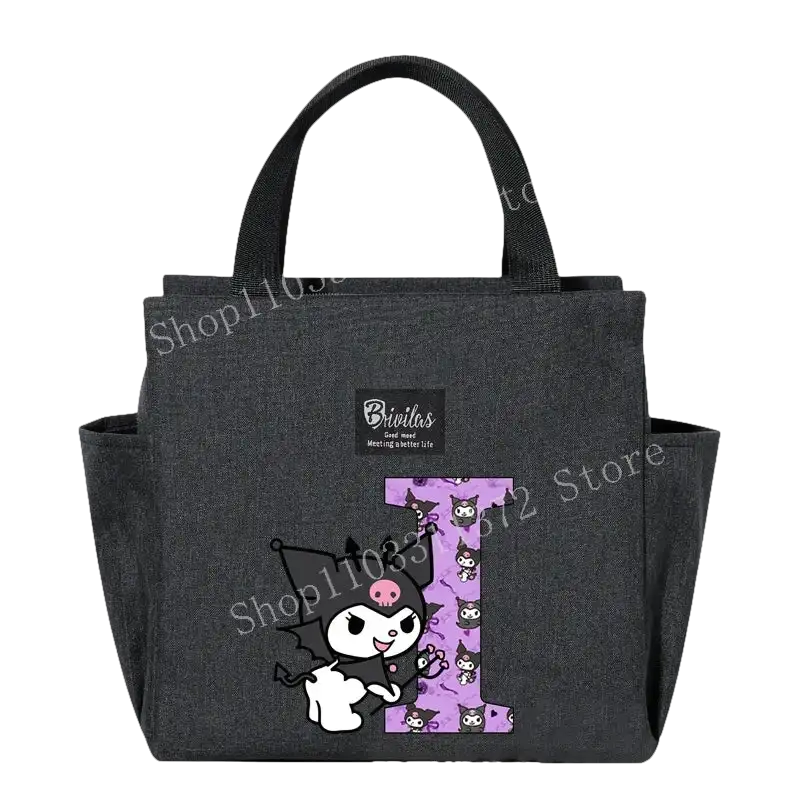 Gray lunch bag with cartoon character.