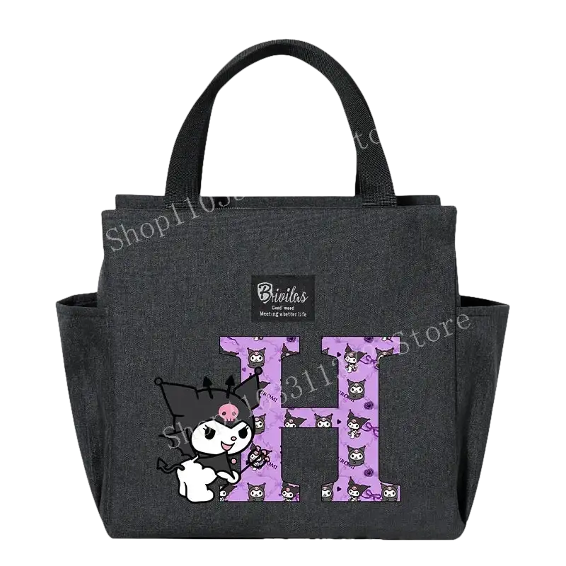 Gray lunch bag with cartoon character and letter.