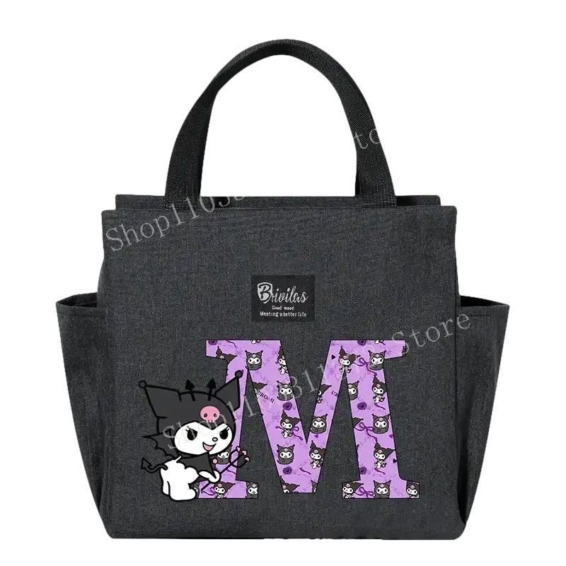 Gray lunch bag with cartoon character.