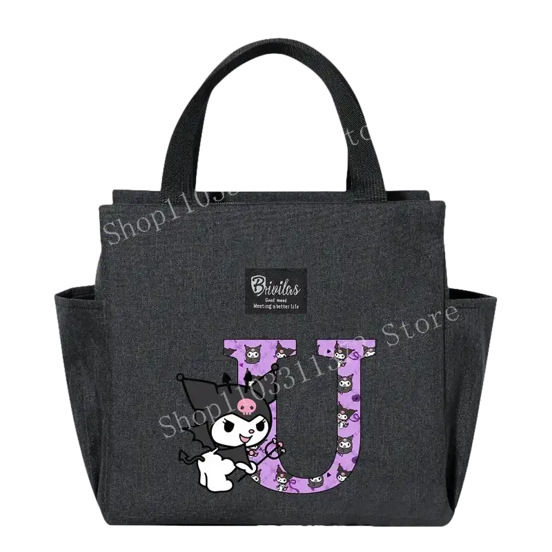Gray lunch bag with Kuromi design.