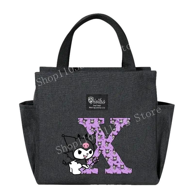 Gray lunch bag with Kuromi design.