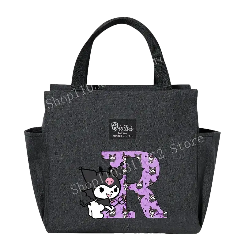 Gray lunch bag with cartoon design.