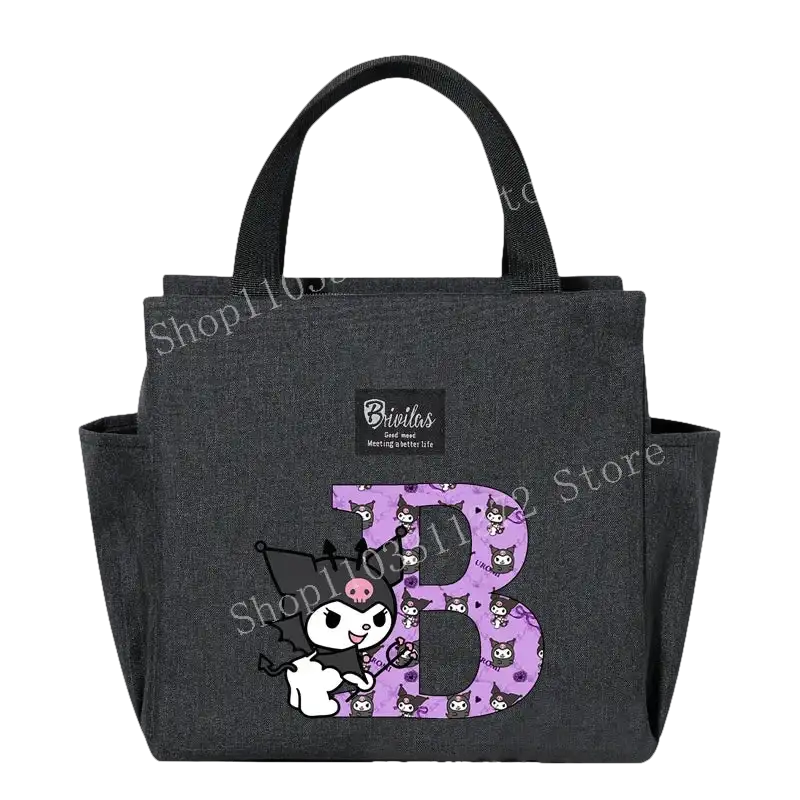 Gray lunch bag with Kuromi design.